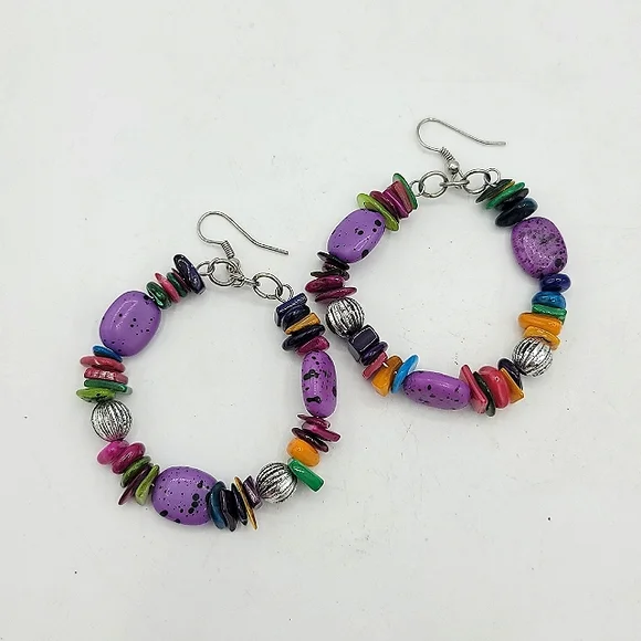 Beaded Multicolor French Hook Dangle Hoop Earrings Boho 90s Vintage - Picture 7 of 7
